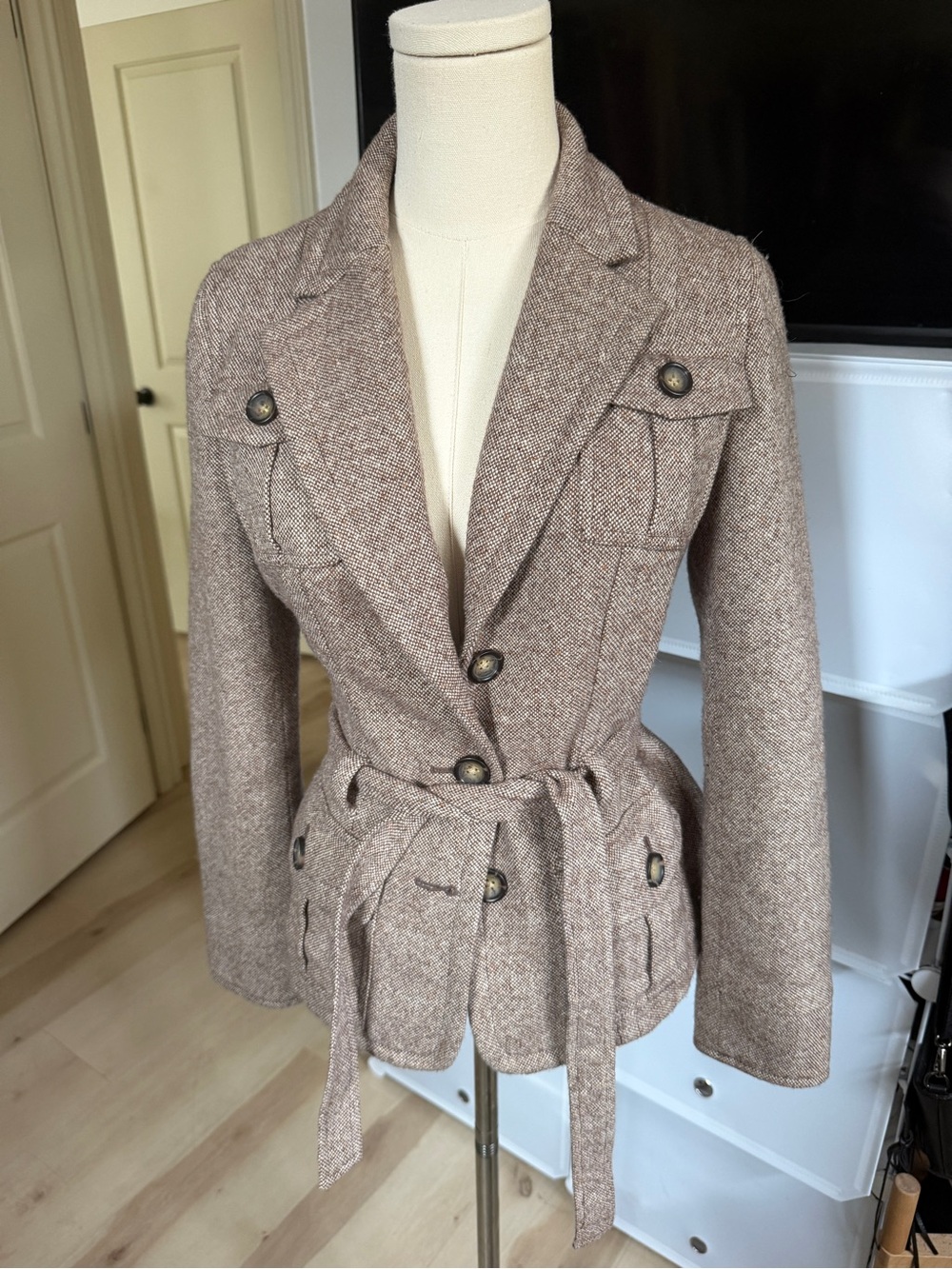 Banana Republic Taupe Belted Tweed Blazer